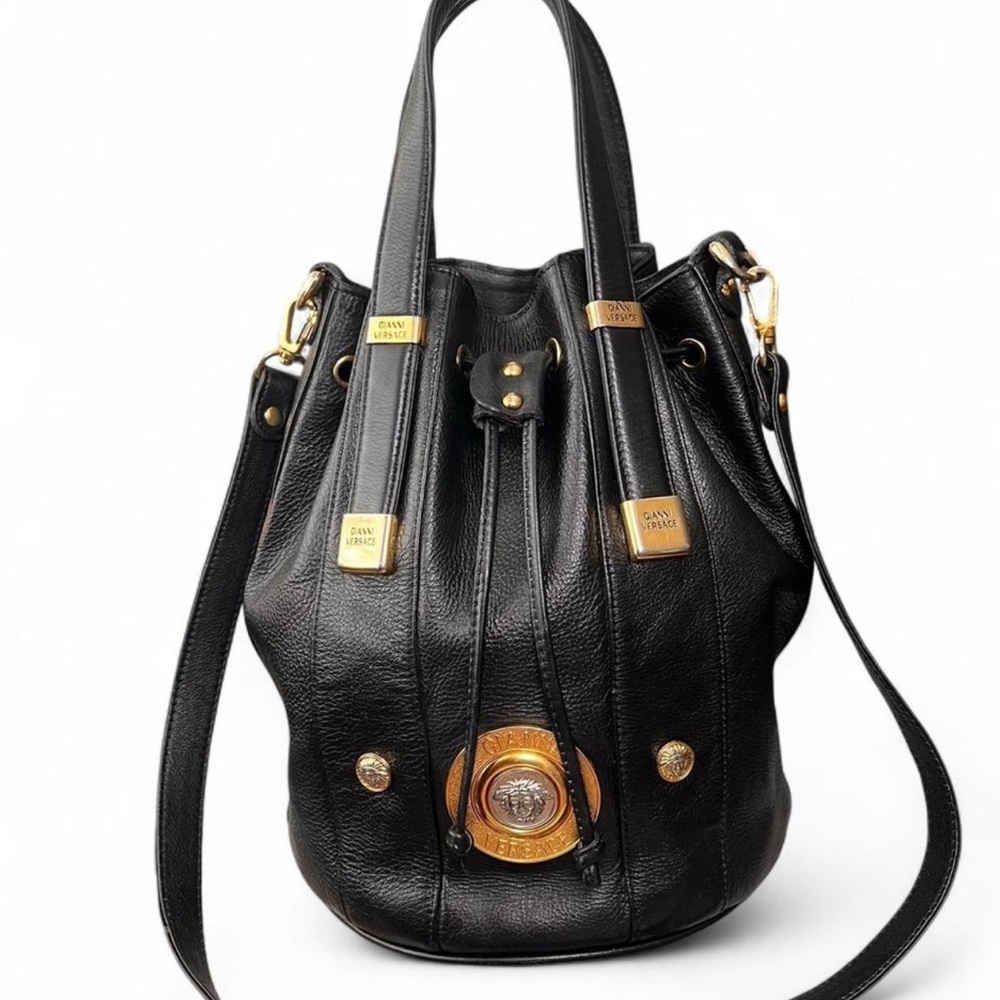 SOLD Vintage Gianni Versace Black Leather Bucket Bag with Shoulder Strap